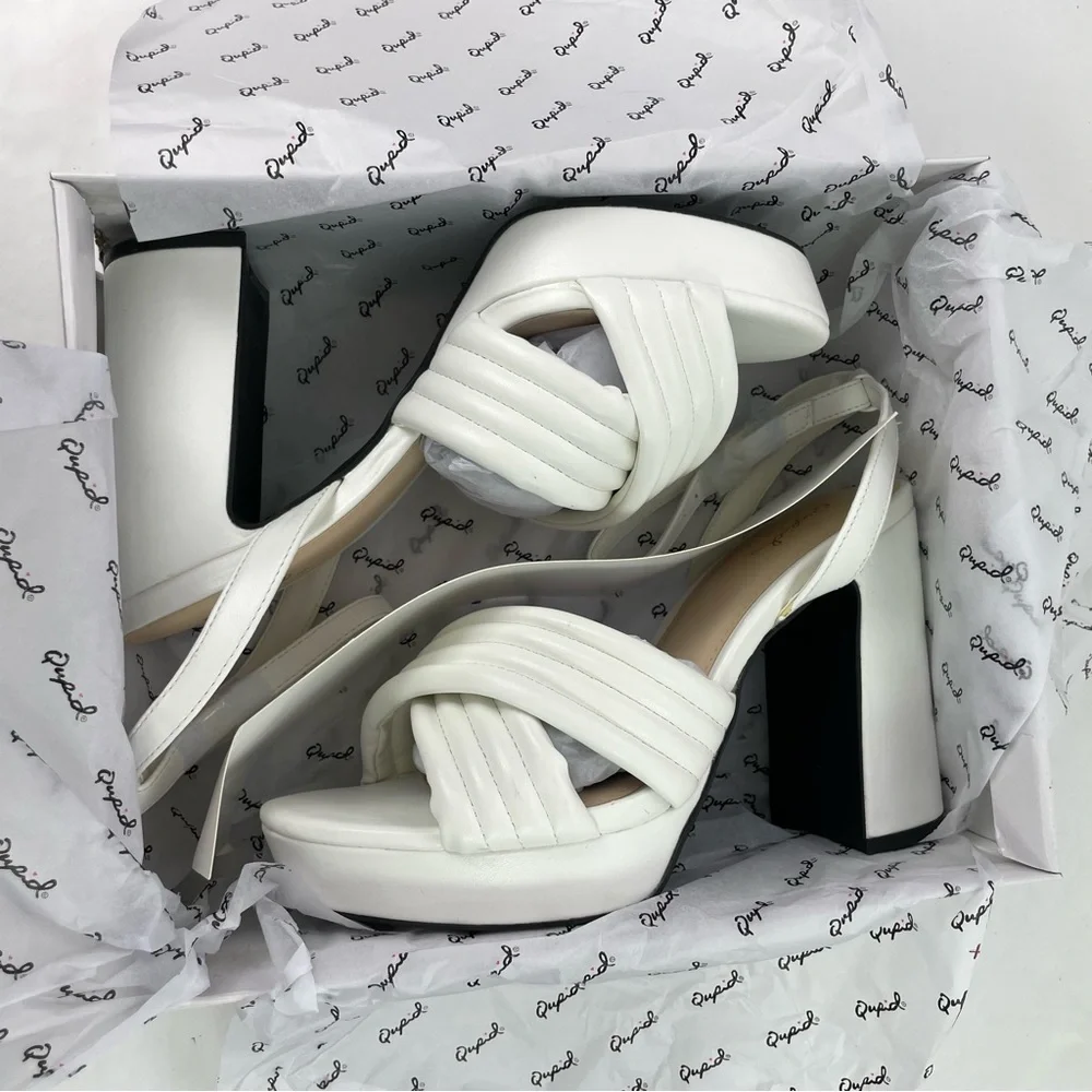 Qupid White‎ Quilted Platform Block Heel Ankle Strap Sandals